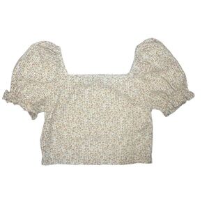 Madewell Small Milkmaid Puff Sleeve‎ Crop Top Cottagecore Leaf Motif Smocked